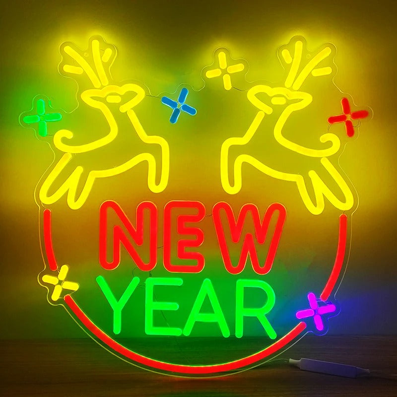 Happy New Year Reindeer LED Neon Sign – Festive Holiday Wall Decor